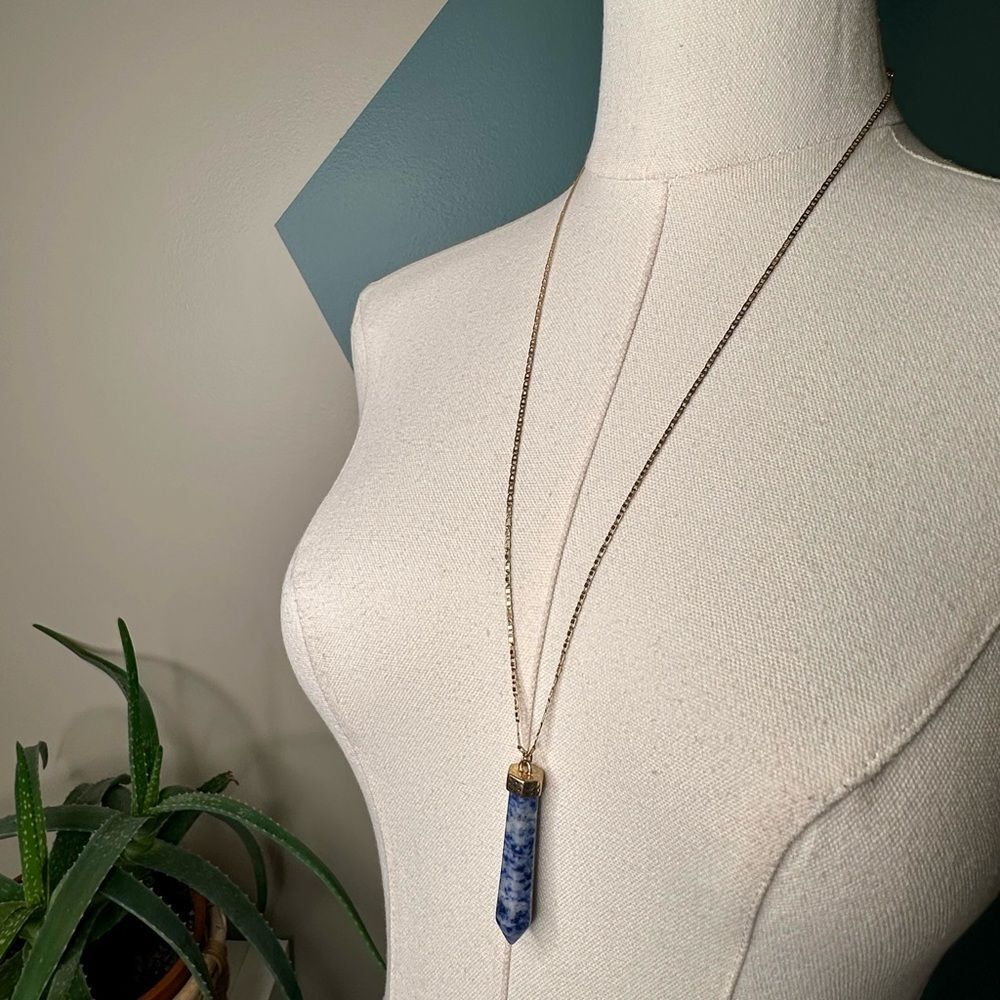 Blue Sodalite Crystal Necklace Raw Energy Point Pendant Gold Chain Clarity